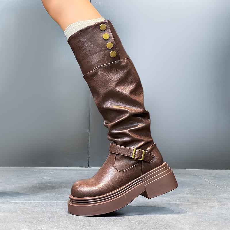 

Ботинки на толстой подошве, женские складные ботинки, новая модель весна-осень с пряжкой на ремне, модные ботинки в западном стиле, для полных ног 40