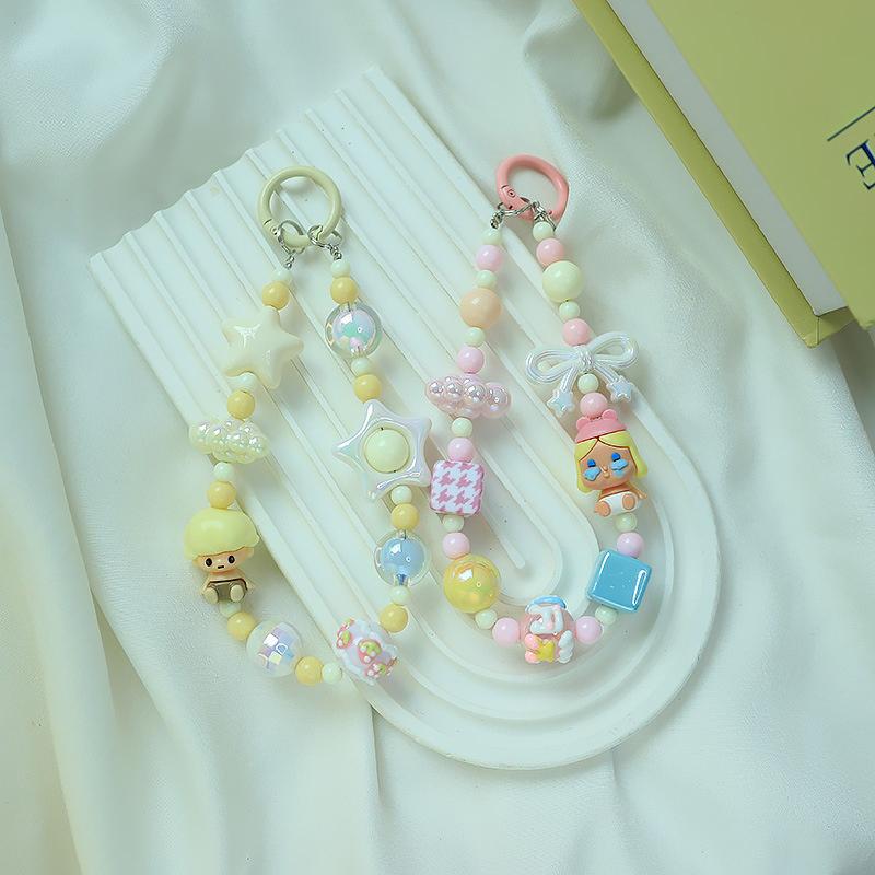 Roztomilá kreslená panenka s korálkovým popruhem na telefon, řetízkem na batoh, přívěskem na klíče, přívěskem proti ztracenému telefonu, dárkem pro iPhone, Samsung a dívku