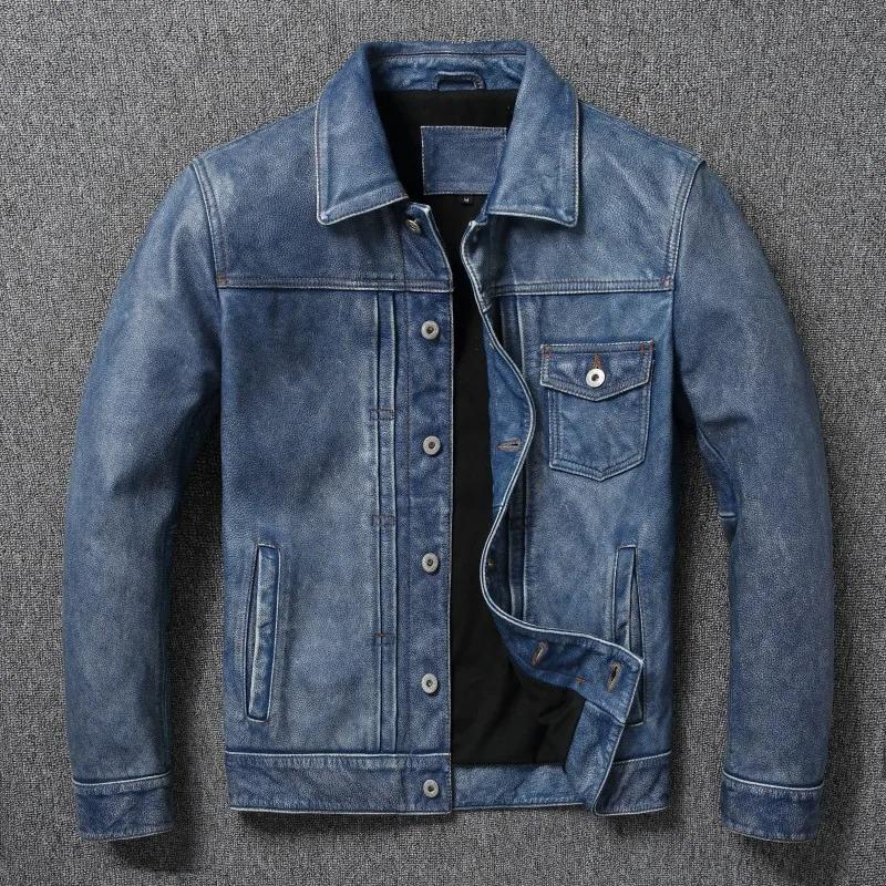 

Чоловіча шкіряна куртка китайського розміру Vintage Blue Синя куртка з натуральної коров’ячої шкіри Тонкий робочий одяг з лацканами Куртки з натуральної телячої шкіри 6XL blizzard синього кольору