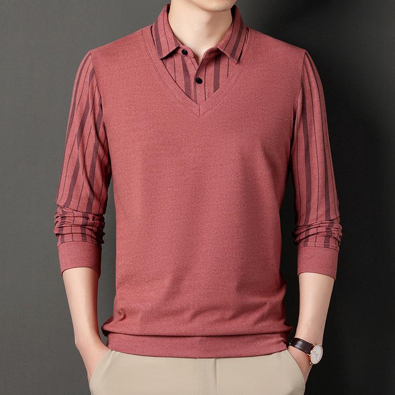 Men's New Autumn and Winter Long-sleeved T-shirt Polo Shirt for Young and Middle-aged People with Lapel Trendy Striped Bottoming Shirt for Men