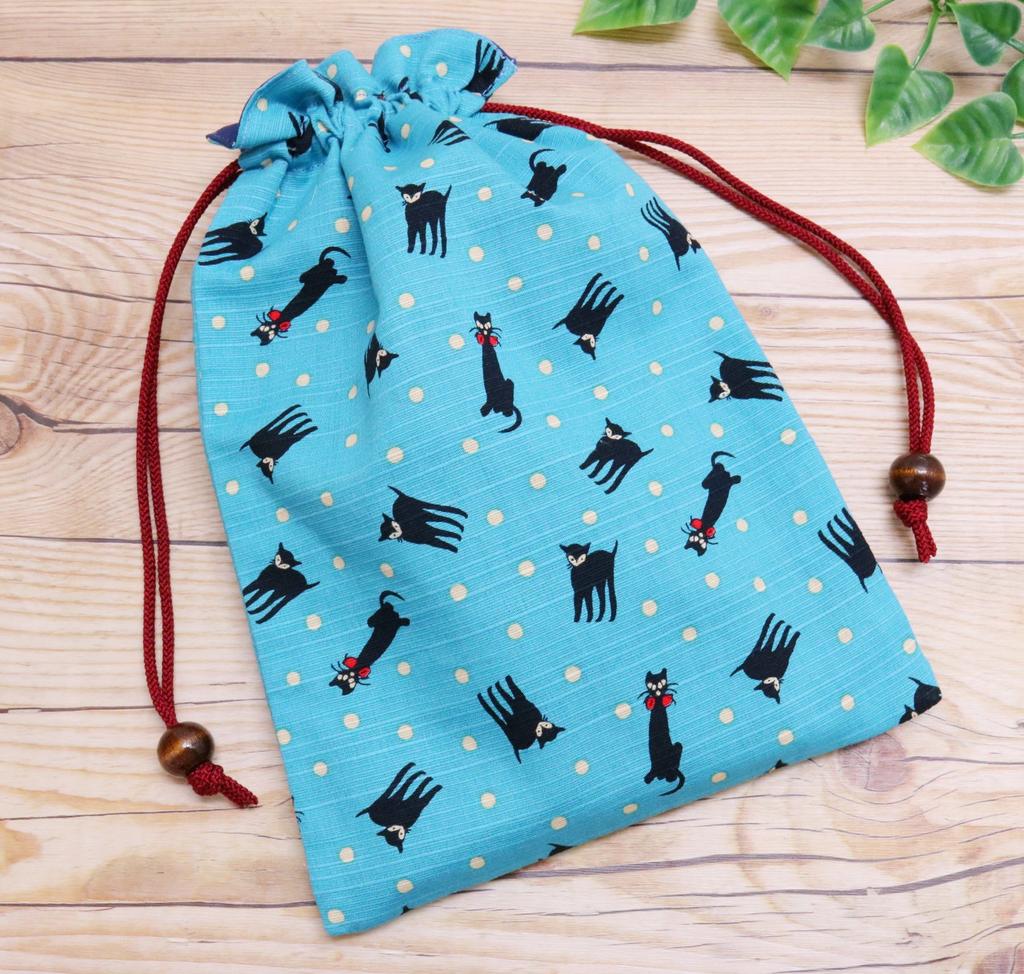 Kyosuke Made In Japan Drawstring Bag for Goshuincho Stamp 18 X Yumeji Black Cat Blue (Temple Book), Cotton, 26.5cm, Pouch/Case, Design,