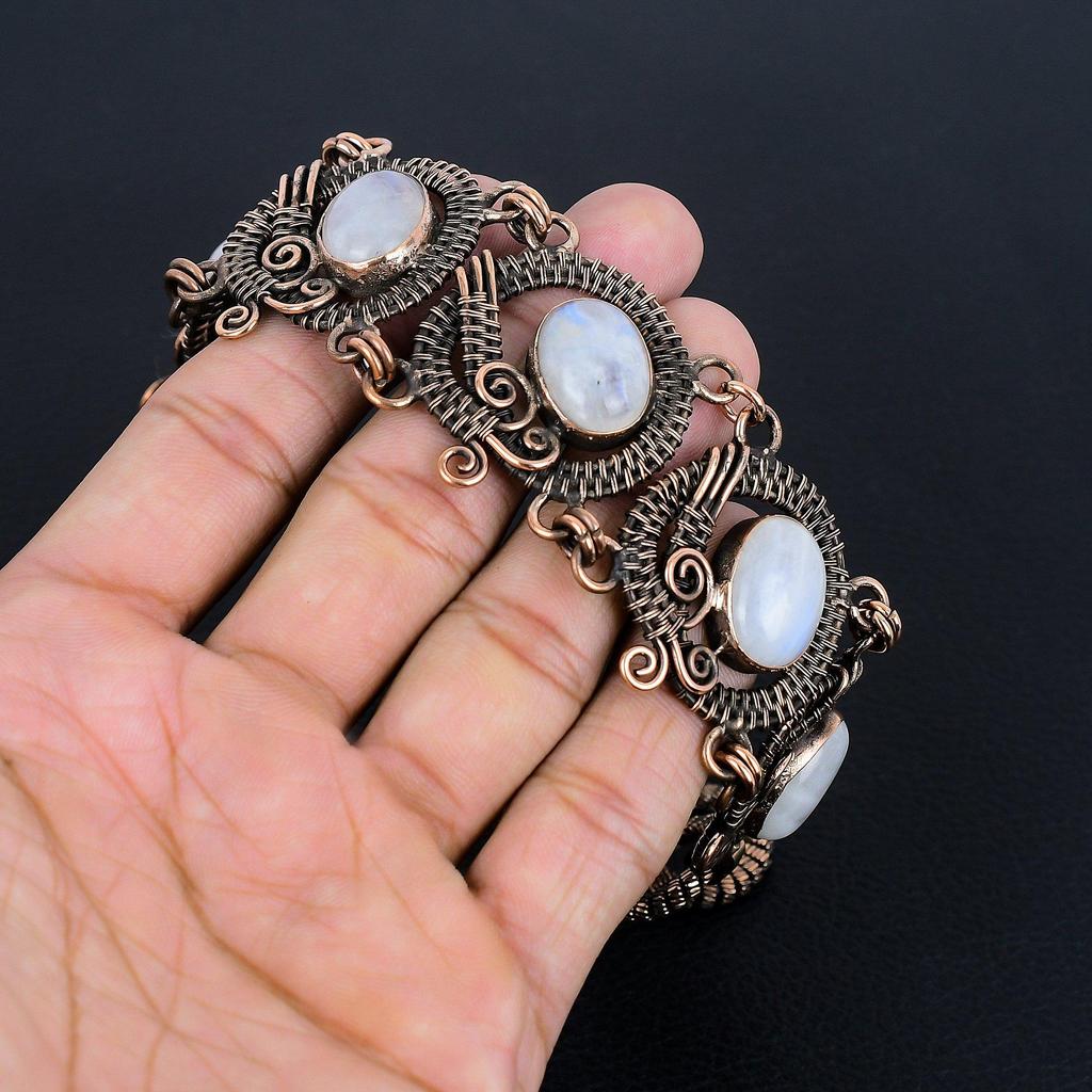 Rainbow Moonstone Bracelet Gemstone Jewelry, 999 Copper Wire Wrapped Bracelet, Adjustable Handmade Beautiful Jewelry Chain Bracelet