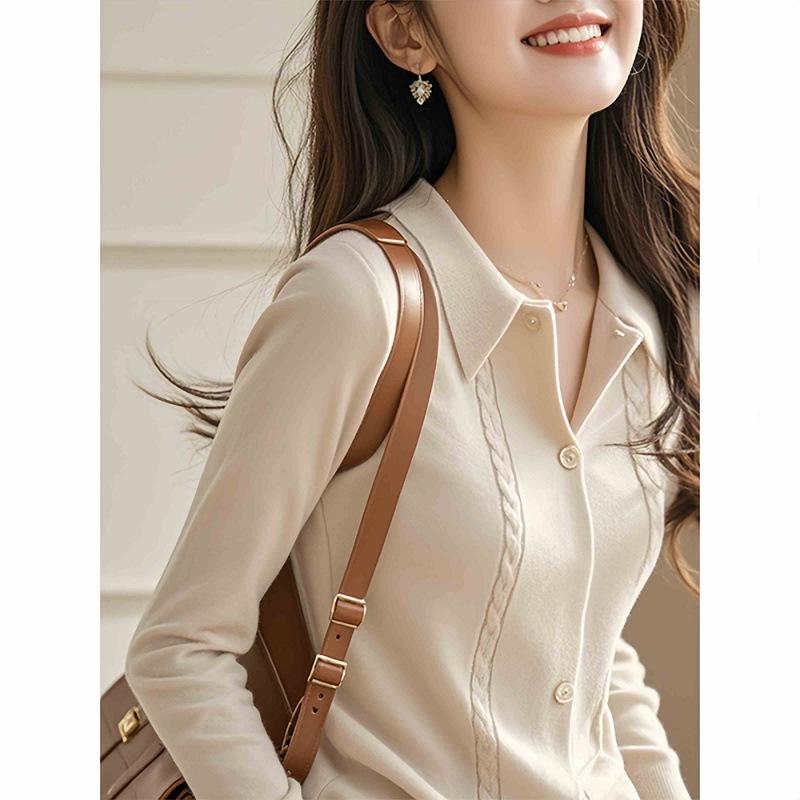Gentle wind lapel neck long-sleeved knitted sweater autumn new wear bottom top women's sweater