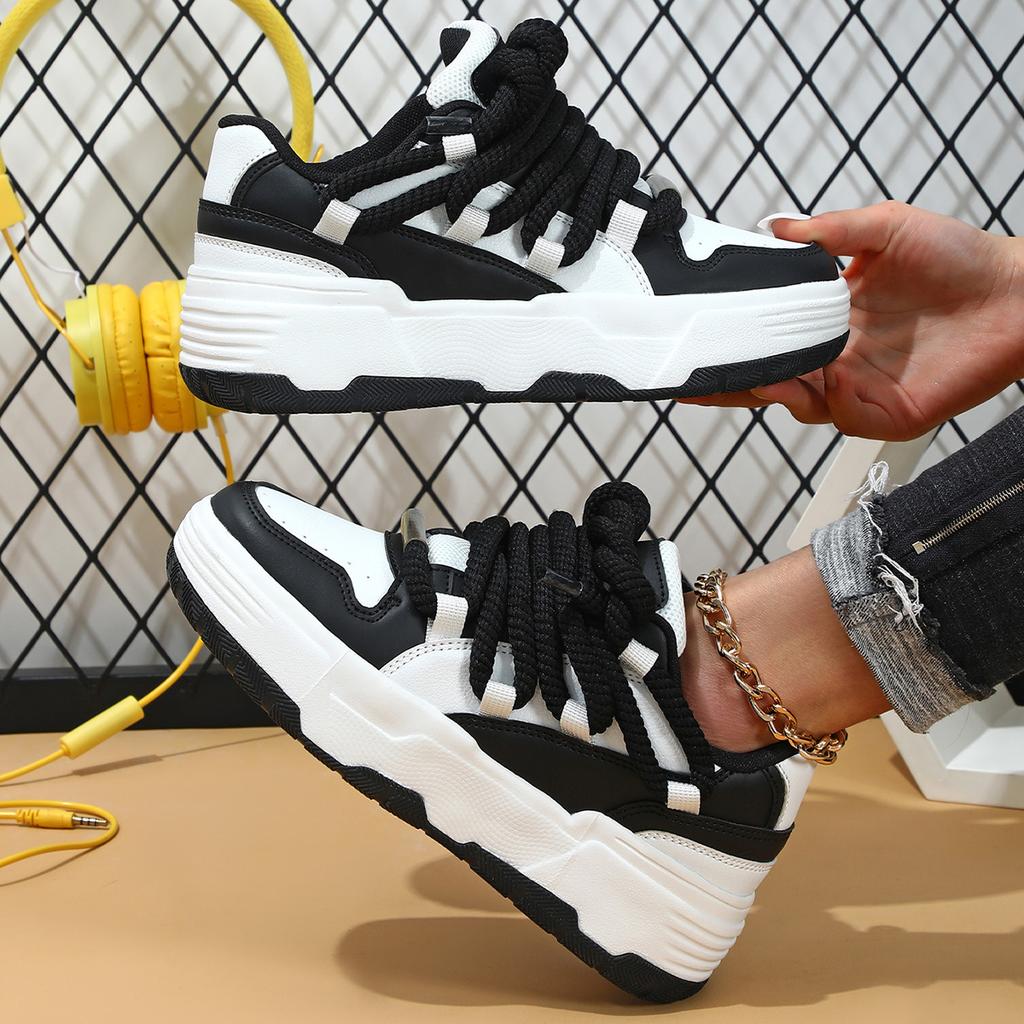 Fashion Platform Sneakers Women Chunky Shoes PU Leather Casual Shoes Ins Board Shoes Lace-up Outdoor Walking Footwear