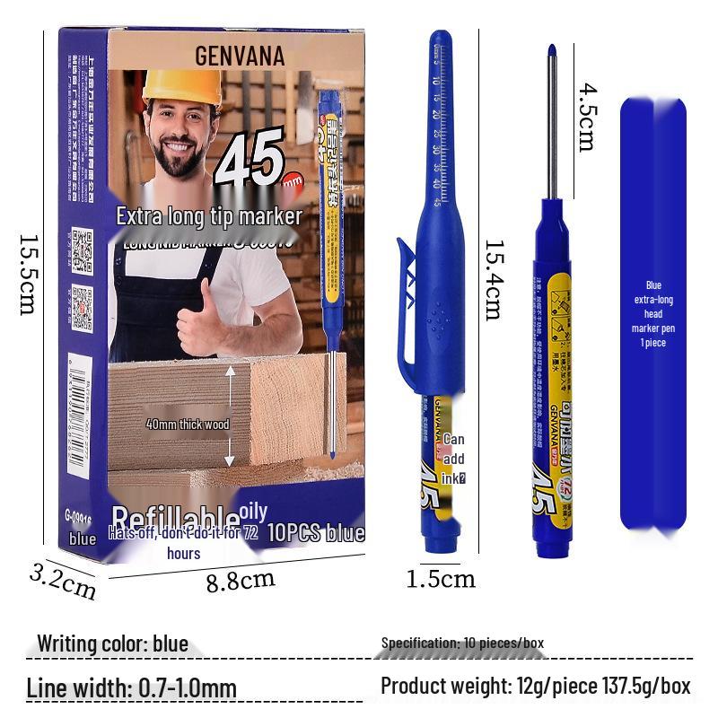 Refillable Waterproof Oil-Based Fine Tip Deep Hole Marking Pen - 1.0mm Long Nozzle, 45mm Long Head, Ideal for Woodworking