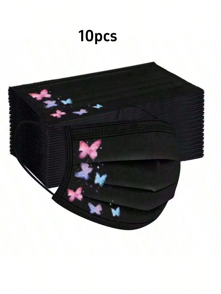 

10-Pack Women s Daily Face Masks - Black Parent-Child Butterfly Print, Elegant Breathable Non-Woven Fabric, Stylish Protective M