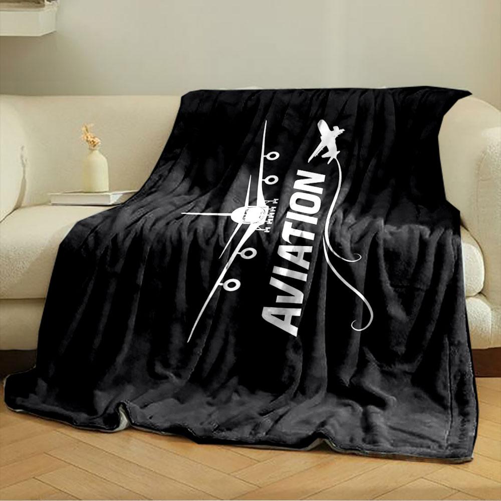 A Front View of an Airplane, "AVIATION" Text, and a Flying Plane Outline. for All Seasons Blanket Lunch Break Throw Gift