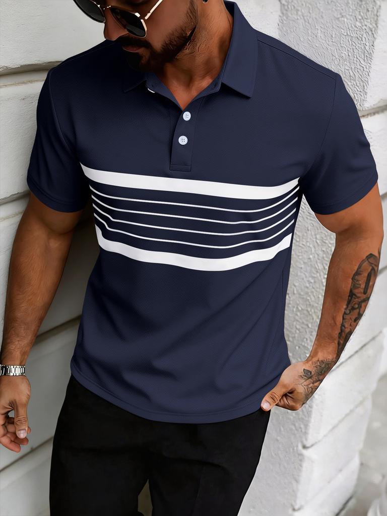 Mens Casual Short Sleeve Striped Polo Shirt Summer Style