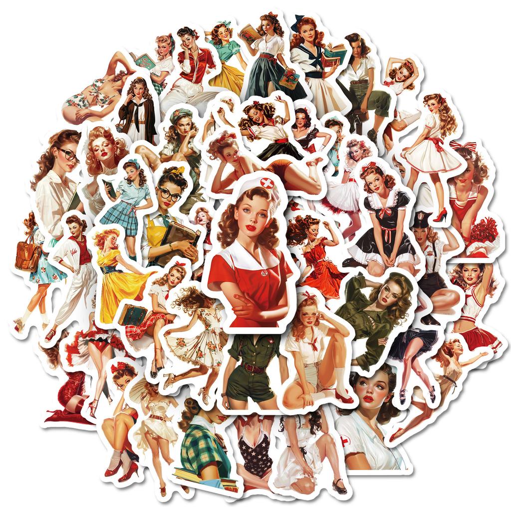 50 Vintage Girl Graffiti Stickers Professional Women Hepburn Style Decorative Luggage Notebook Stickers