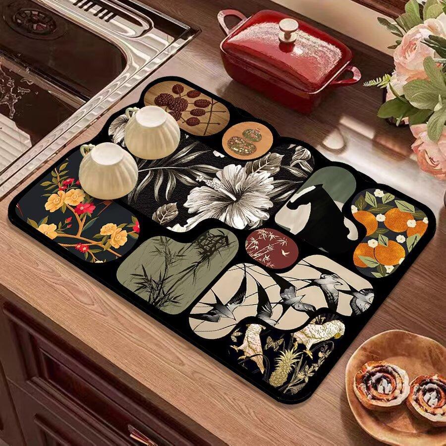 Vintage Kitchen Countertop Draining Mat Tableware Mat Non-Slip Mat Microwave Oven Top Mat Placemat Heat Insulation Mat