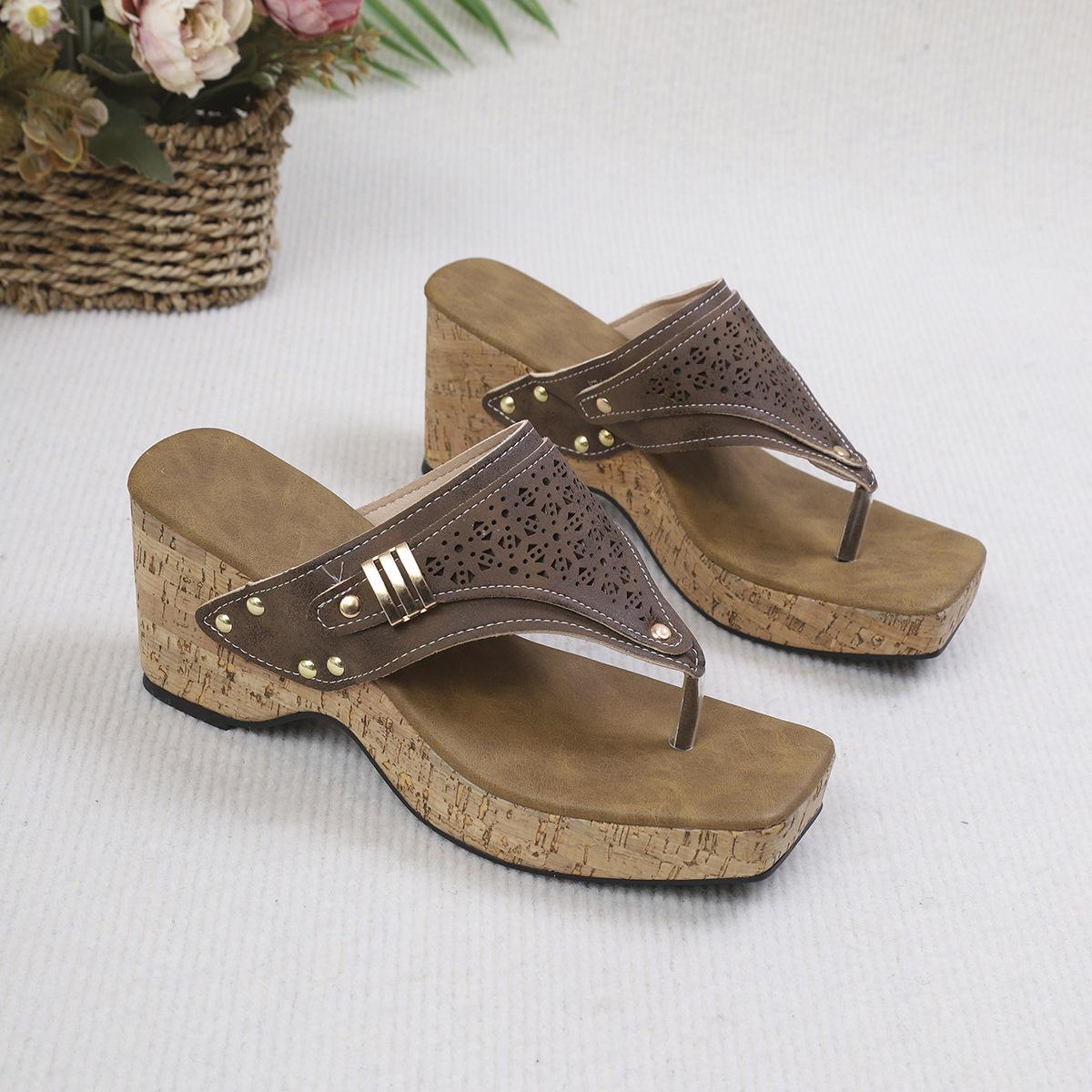 Women s Wedge Heel Flip-flops: 2026 Summer Rivet Hollow Thick Sole, Plus Size 43
