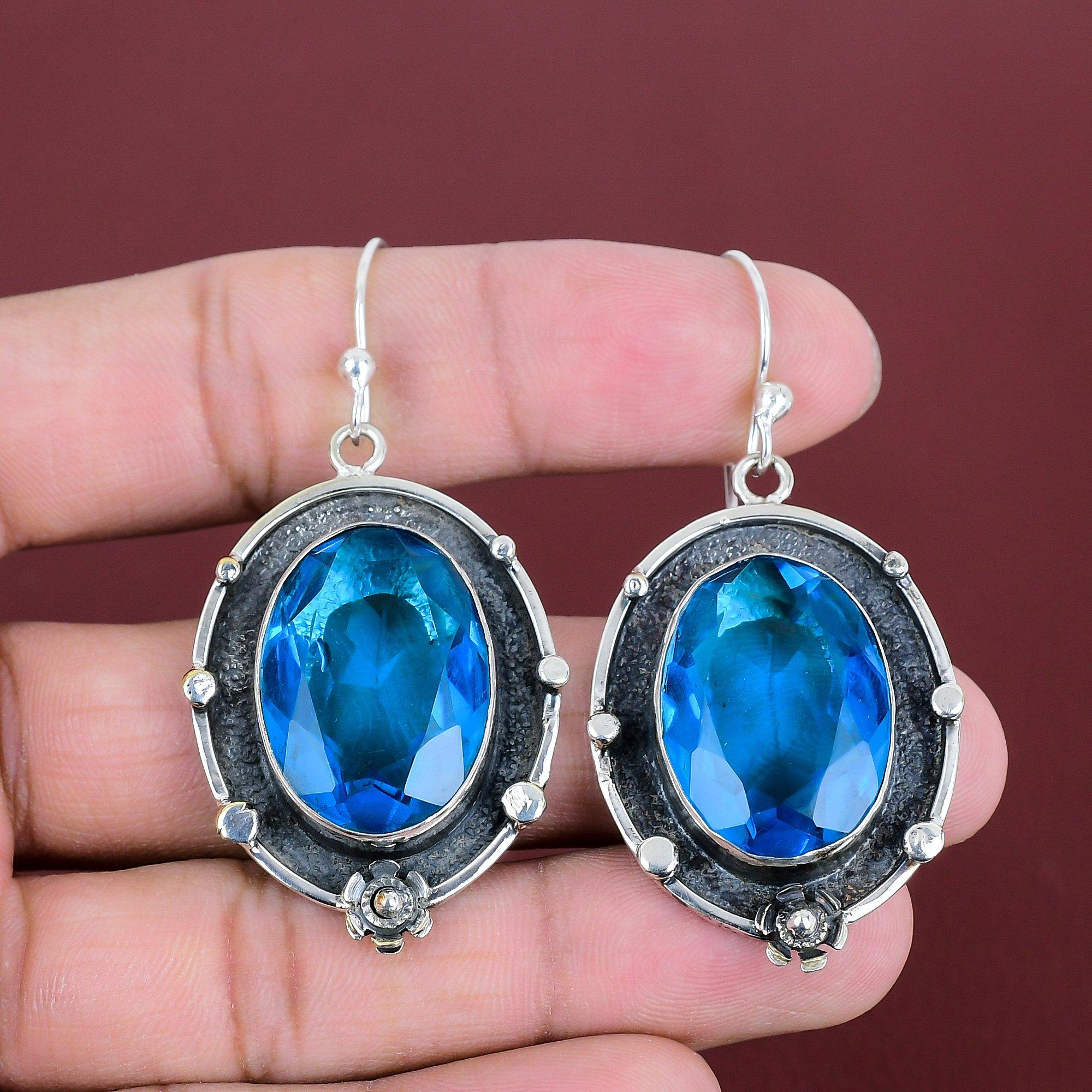 Faceted Swiss Blue Topaz Earring 925 Sterling Silver Earring Handmade Brand New Earrings Antique Jewelry Gemstone Earrings Anniversary Gifts
