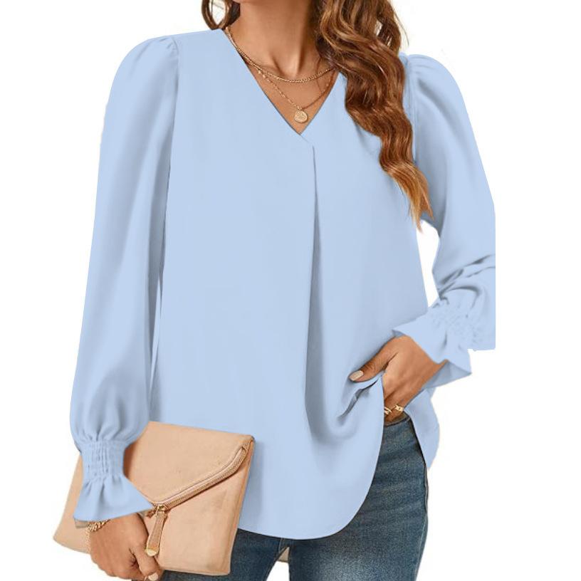Maglione con scollo a V per donna, tinta unita, manica lunga, arricciato, ampio, casual, alla moda, elegante, da lavoro, manica lunga, traspirante, leggero, morbido