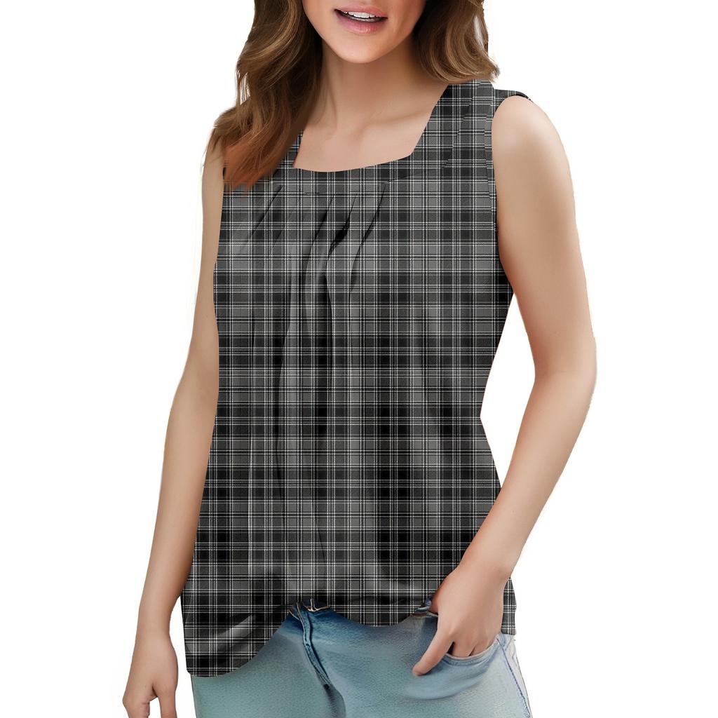 Women's Summer Casual Pleated Square Neck Sleeveless Tank Top Printed T-Shirt