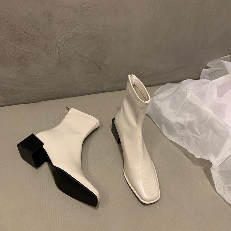 Fashion Vintage Winter Square Toe Women Ankle Boots Fashion Zippers Short Booties Designer Thick Heels Botas De Mujer