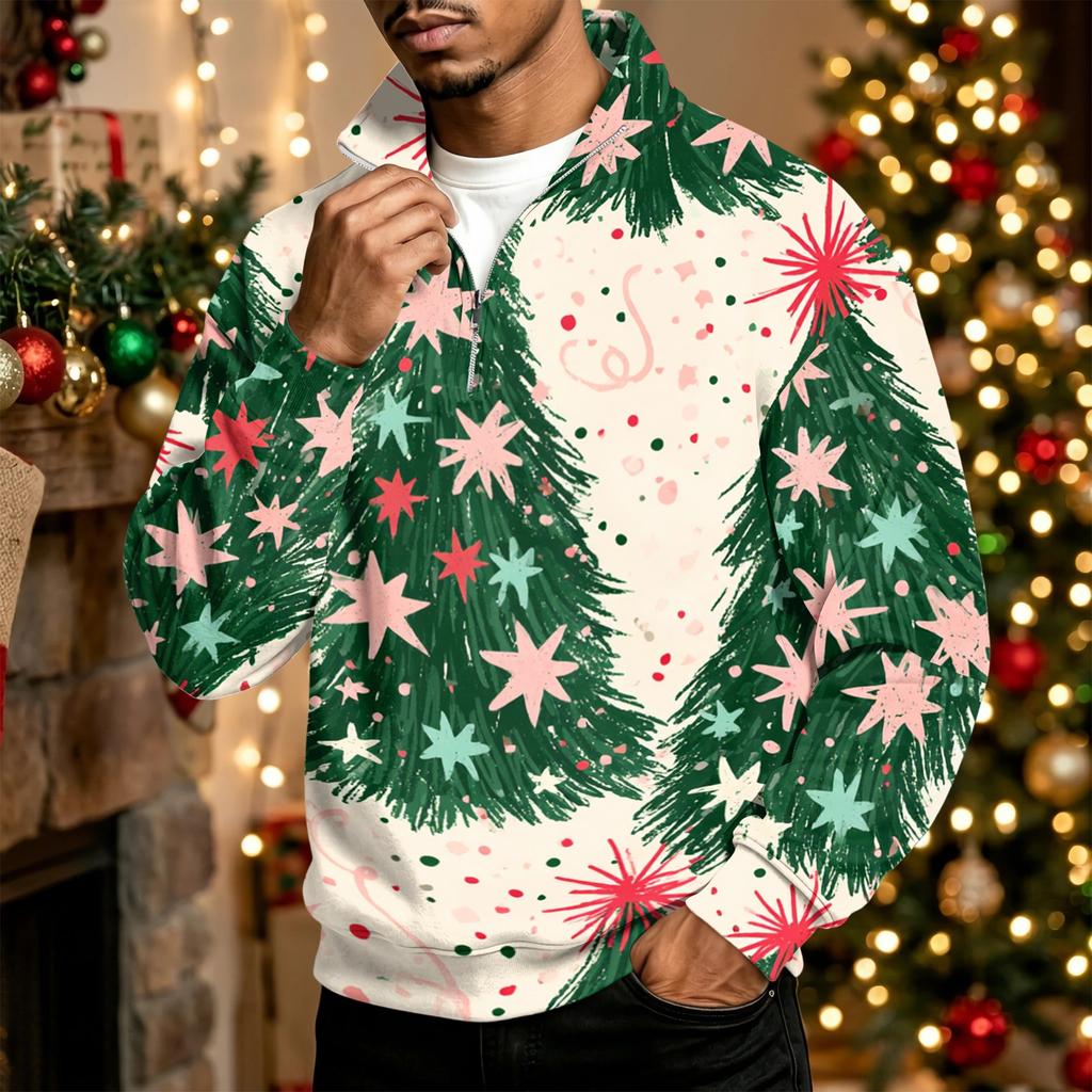 Men's Casual 1/4 Zip Mock Neck Sweatshirt with Christmas Print Pullover