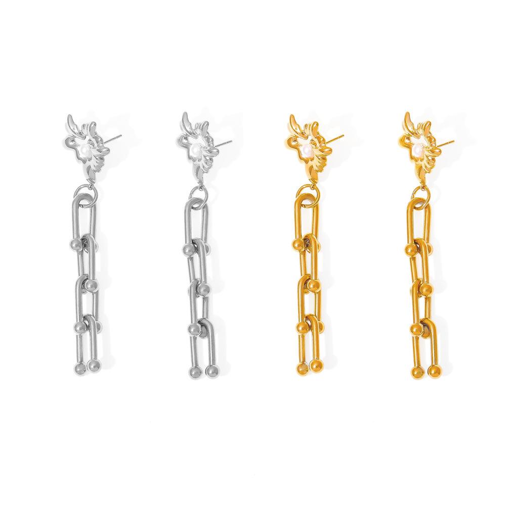 Chic Style Love Imitation Pearl Horseshoe Buckle U-shaped Chain Stud Earrings Personalized Hip-hop Design Titanium Steel Plated with 18k Gold