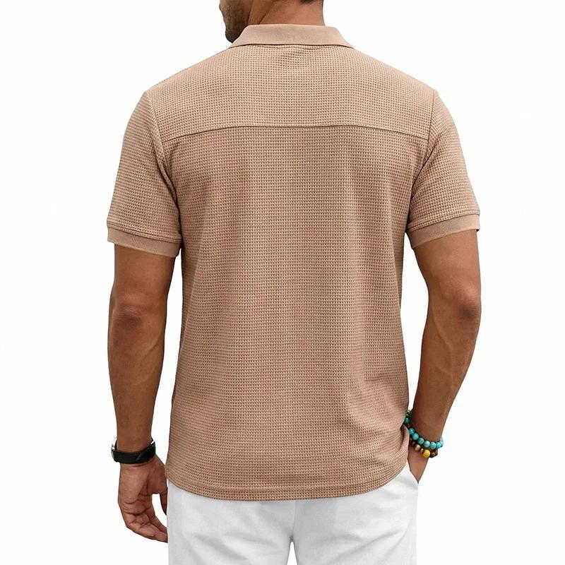 Men's Waffle Knit Polo Shirt Short Sleeve Casual Button Down Polos Men Solid Business Style Tees Tops