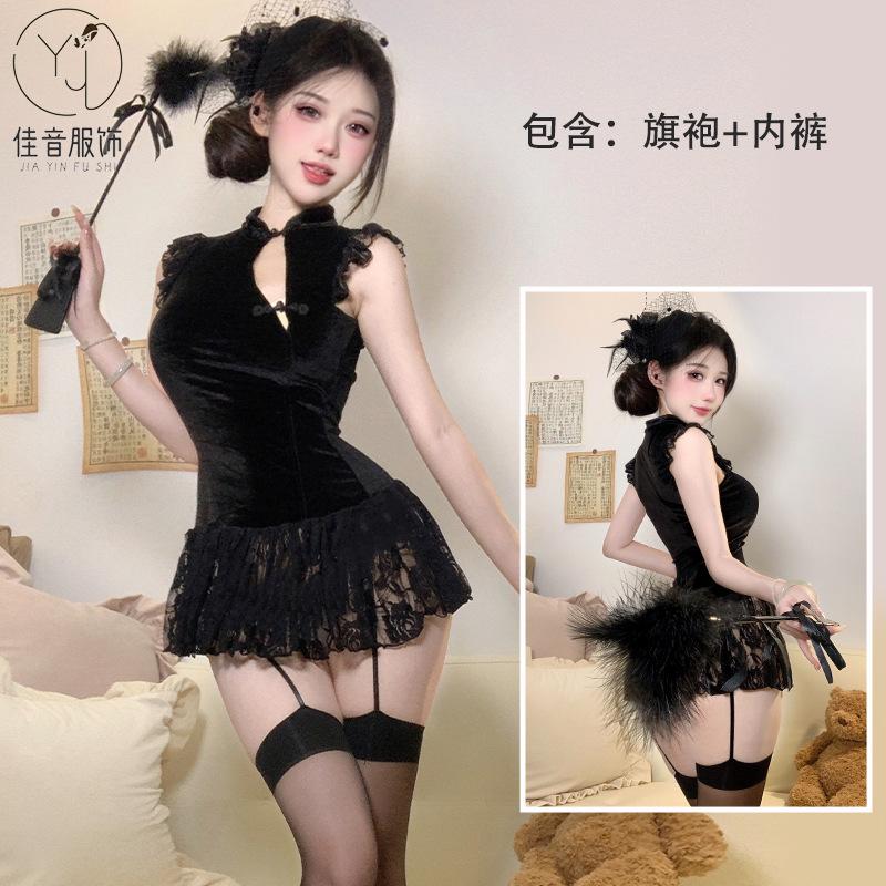 Sexy lingerie retro new Chinese cheongsam sexy velvet lace mesh buckle cheongsam sex nightdress