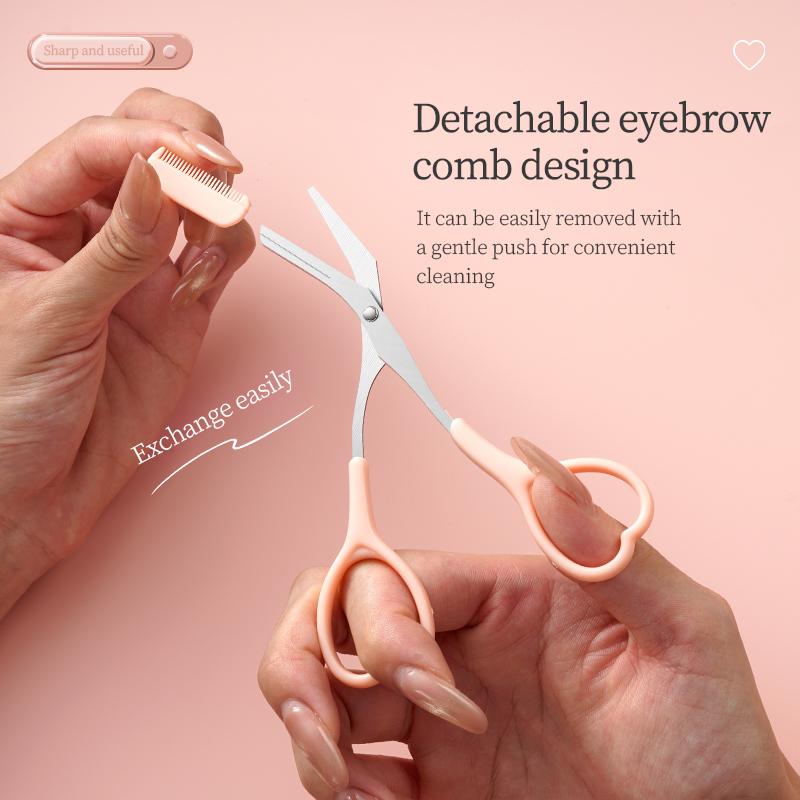 Lovely Heart Precision Eyebrow Trimming Scissors with Integrated Comb, Manual Grooming Tool, Durable Plastic Handle Eyebrow Razo