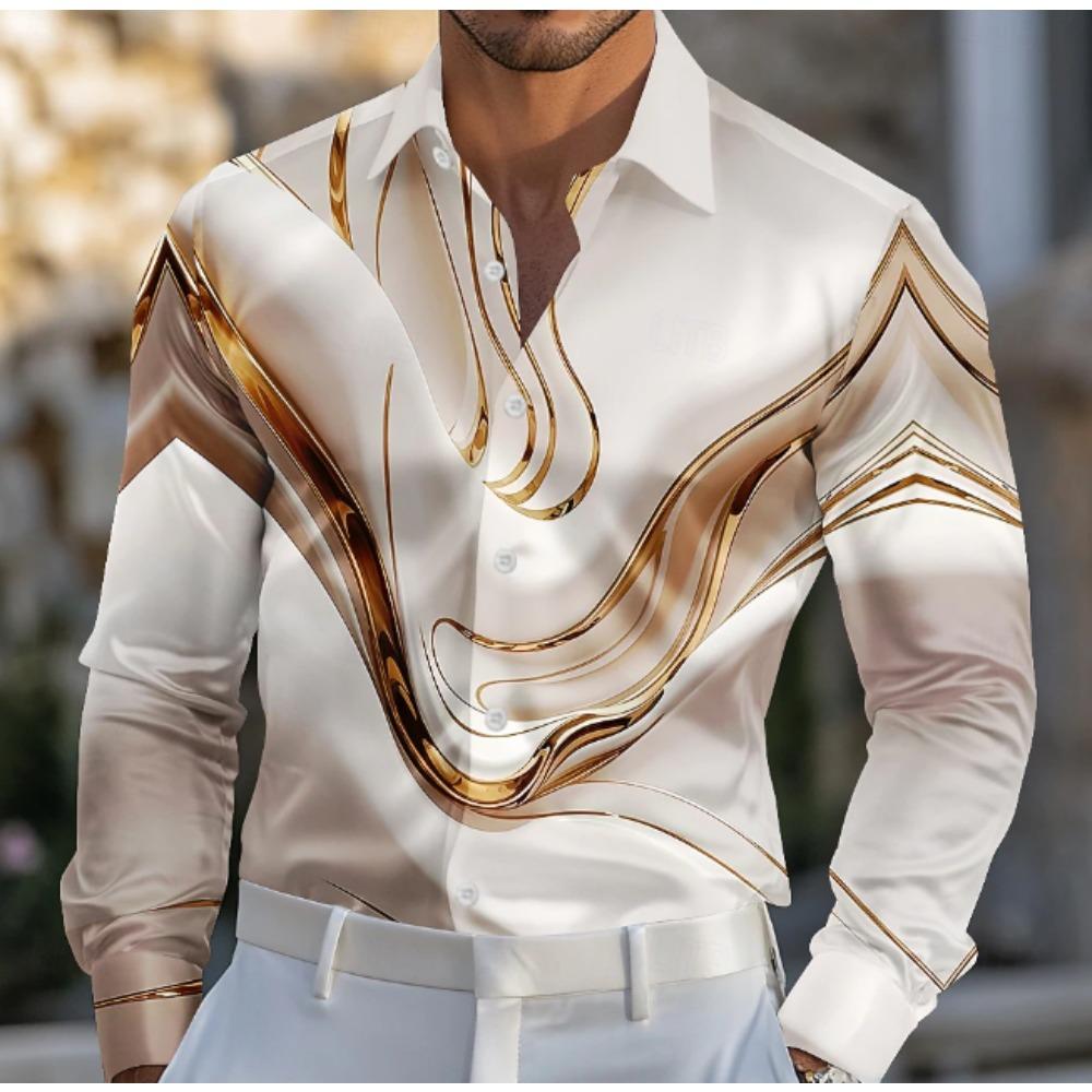 Men's Geometric Line Printed Long Sleeve Shirts Casual Cardigan New Button Holiday Fashion Shirts