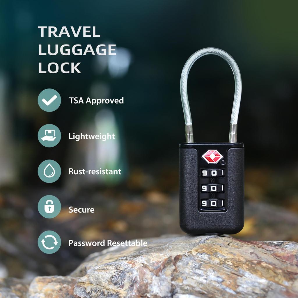 Portable TSA Zinc Alloy Combination Lock with Steel Cable for Luggage