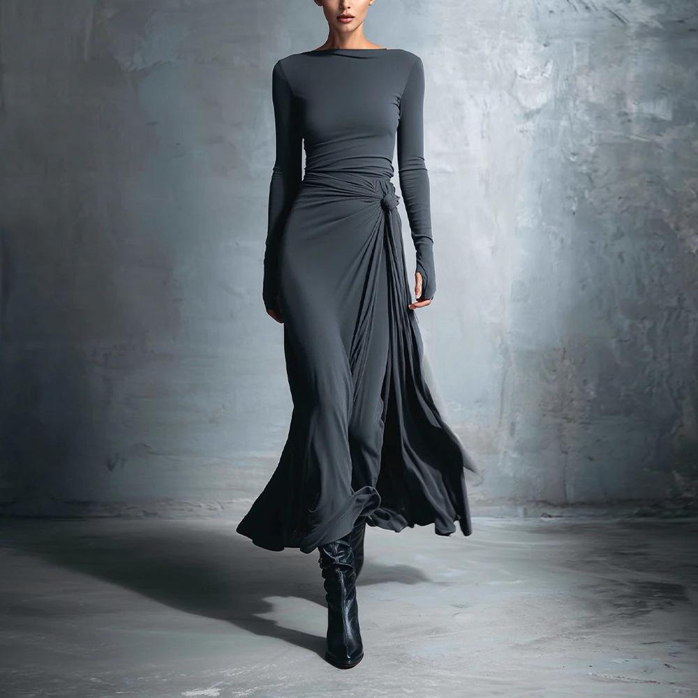 2025 Women's Autumn/Winter Solid Color Long Sleeve Wrap Dress with Knot Detail