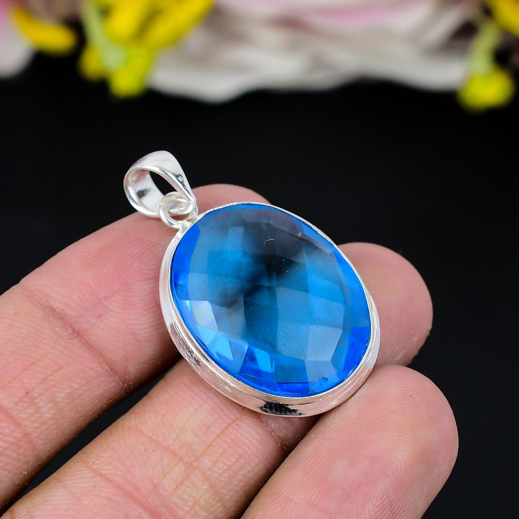 Blue Topaz Gemstone Handmade 925 Sterling Silver Jewelry Pendant 1.50" KG-282