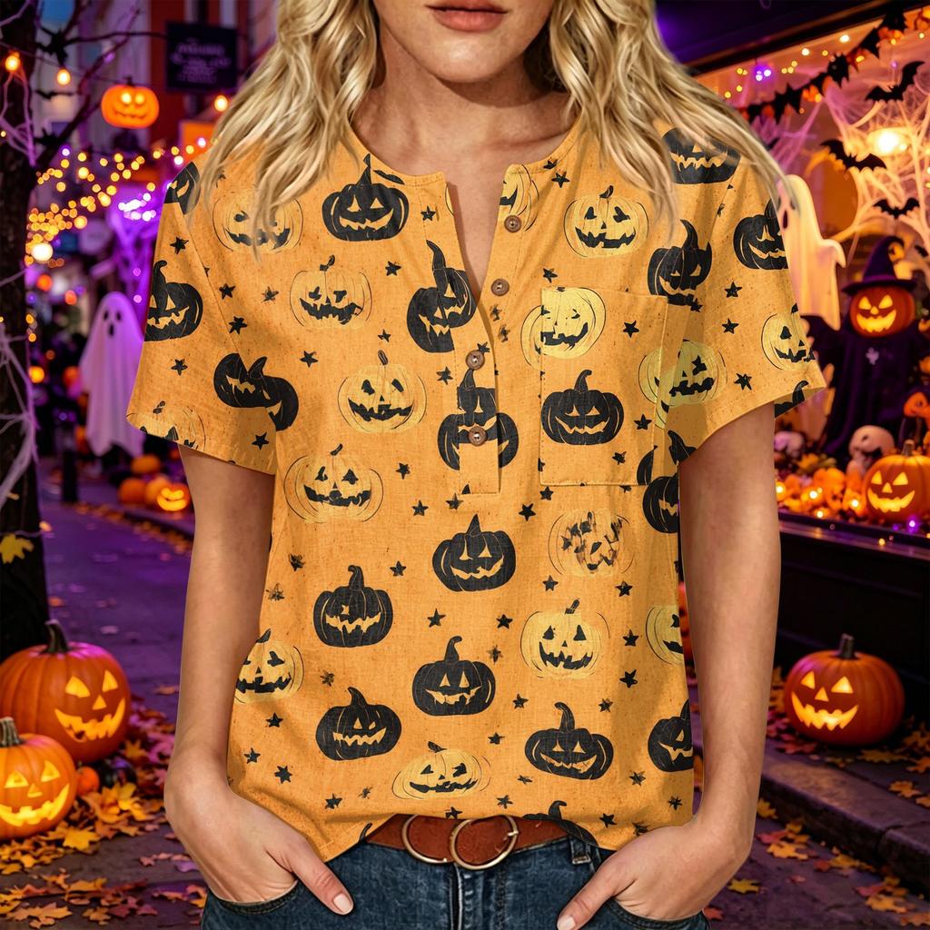 Women's Casual Halloween Print V Neck Short Sleeve Button Detail Three Quarter Sleeve T Shirt Top Lightweight Comfortable Fit