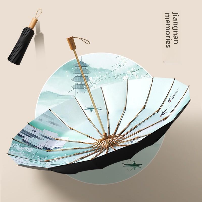 Paraply i antikk stil med 16 ribber, manuell åpning og håndtak i massivt tre, svart lim for UV-beskyttelse