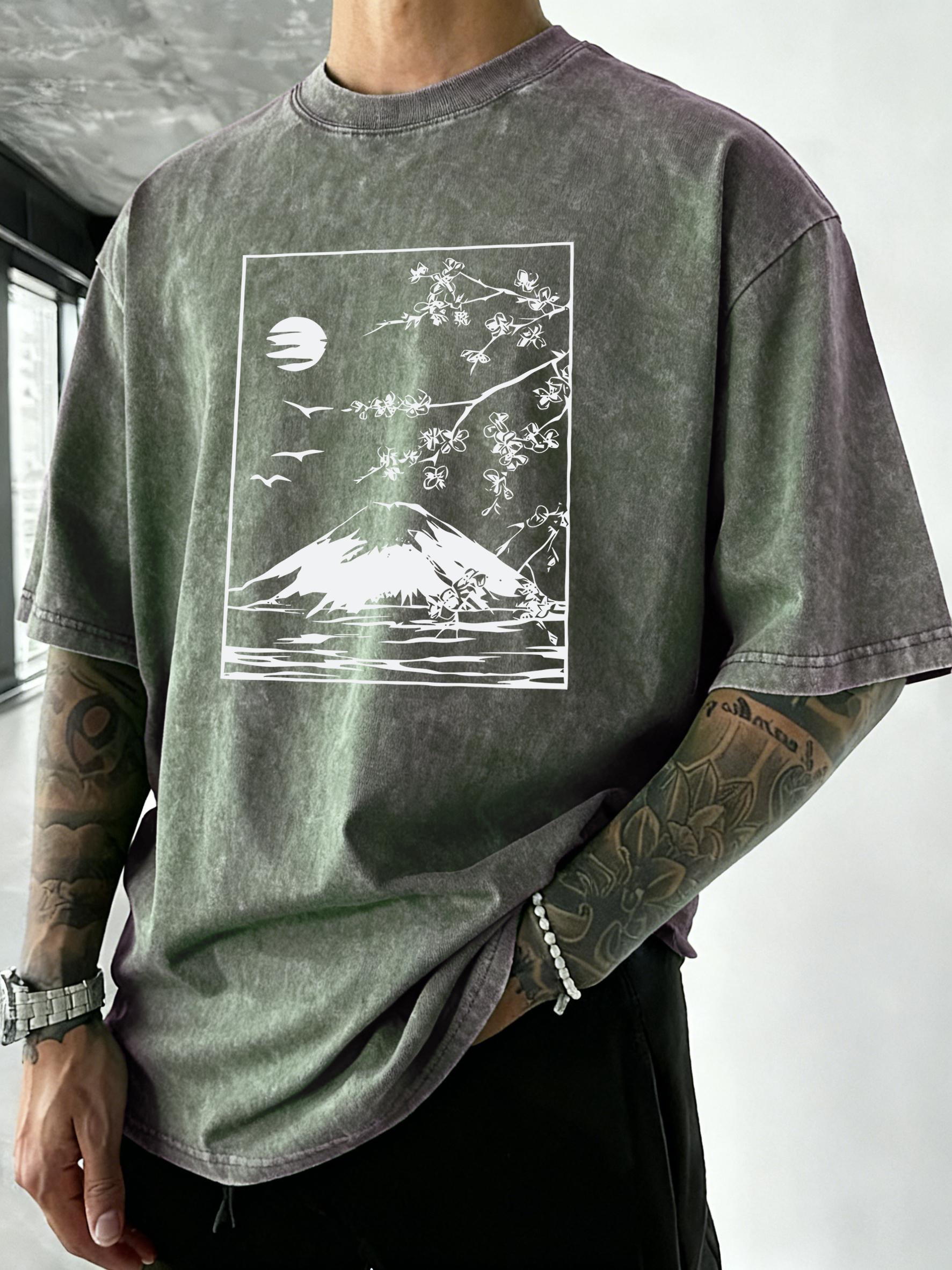 

Cherry Blossoms In Mount Fuji Print Men Washed T Shirt Casual Vacation TShirt Breathable Loose Clothes Unisex Cotton Summer Top S
