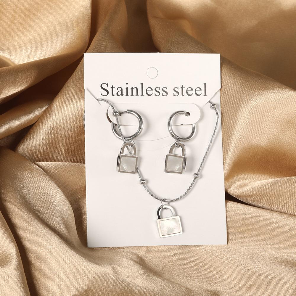 Stainless steel jewelry set niche design square white shell butterfly earrings necklace two-piece set