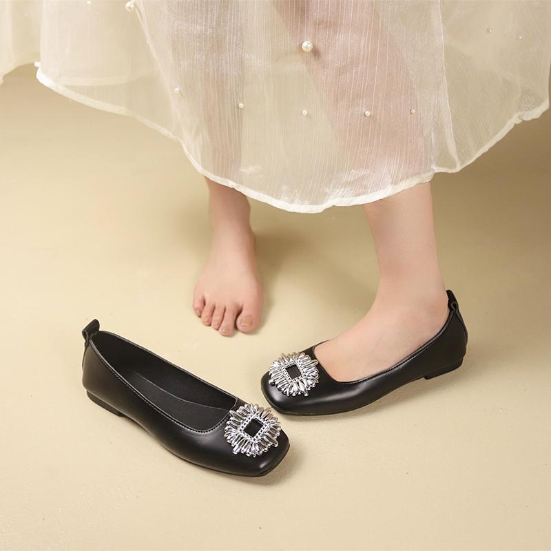 2024 Sparkling Rhinestone Shoes Woman Silver Japanned Leather Flats Square Toe Slip on Ladies Ballets Office Dress Loafers Femme