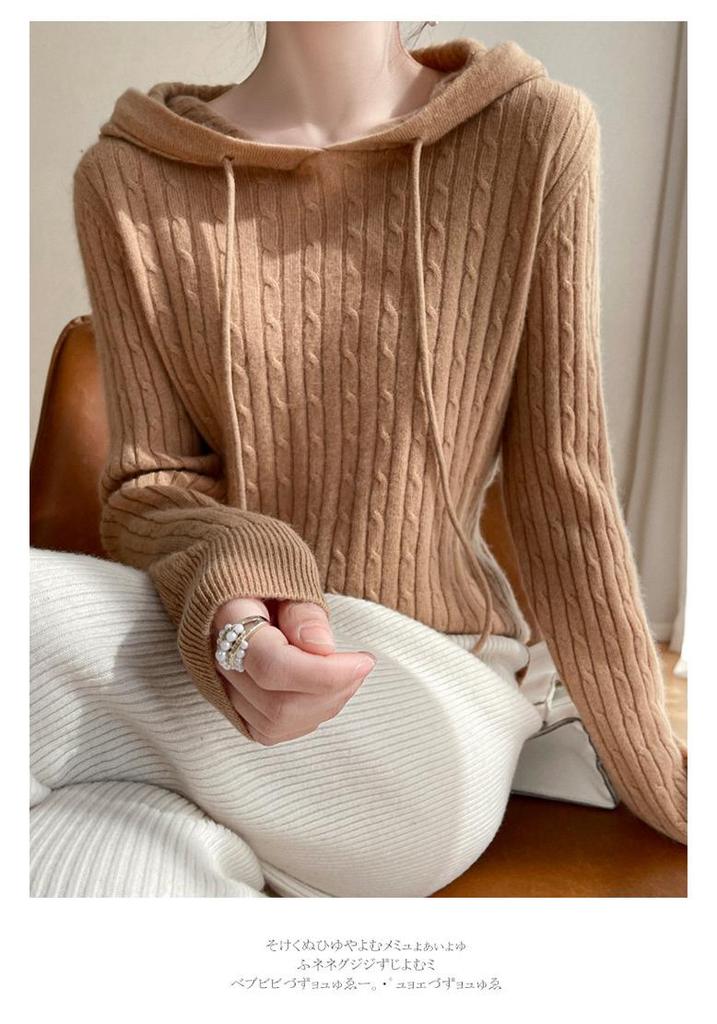 2024 Autumn/Winter Women's Cable Knit Cashmere Hoodie: Loose-Fit Fashion Pullover