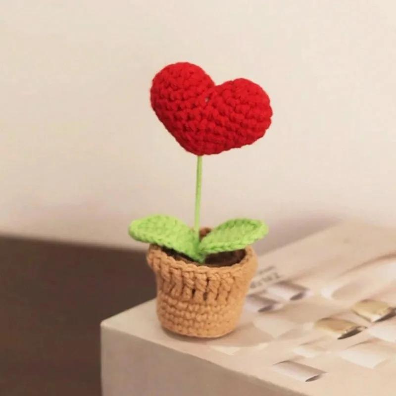1-5pc Handmade Knitted Flower Pot Red Heart-Shaped Knit Imitation Potted Creative Gift Ornament Desktop Home Decor Xmas Gift