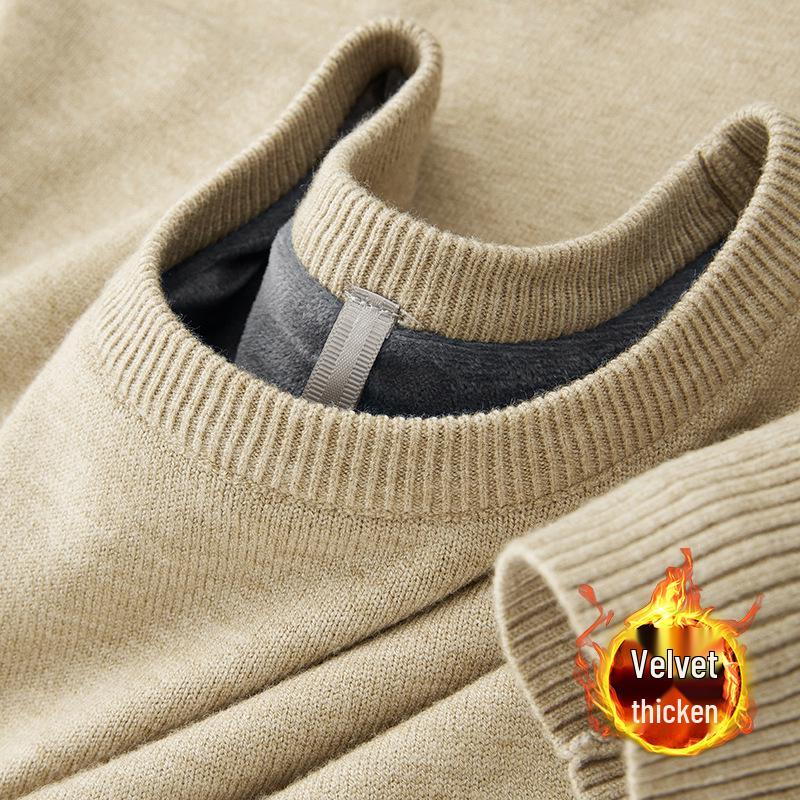 Men’s Winter One-Piece Velvet Sweater: Round-Neck, Thickened Base Layer, Warm Solid Color Knitwear