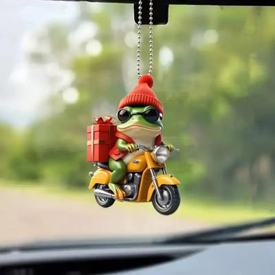 Weihnachtsfrosch-Ornament, Cartoon-Frosch mit Weihnachtsmütze, Motorrad fahrend, Acryl-Anhänger, Weihnachtsbaum-Hängedekoration für Baum, Fenster, Auto-Dekor