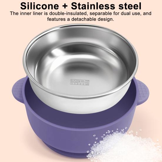 Baby Feeding Bowl Stainless Steel Double Layer Rice Bowl with Suction Base BPA-Free Soup Bowl Double Handle Food Containers