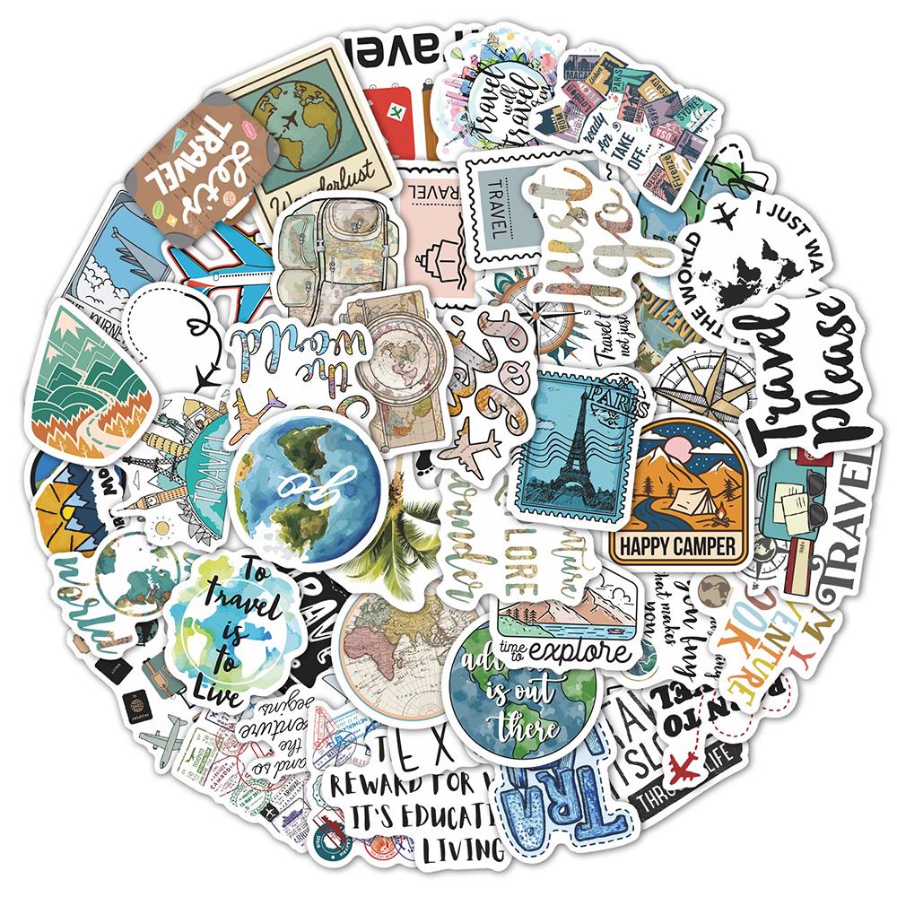 10/30/50pcs Outdoor Travel Cartoon Stickers World Map Landscape Decals DIY Laptop Journal Notebook Holiday Vacation Sticker Pack