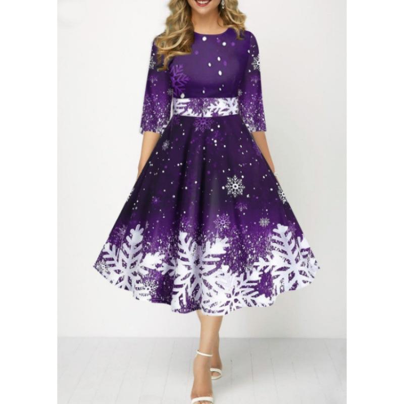 Women's Christmas Snowflake Print A-Line Dress Round Neck 3/4 Sleeve High Waist Midi Party Dress