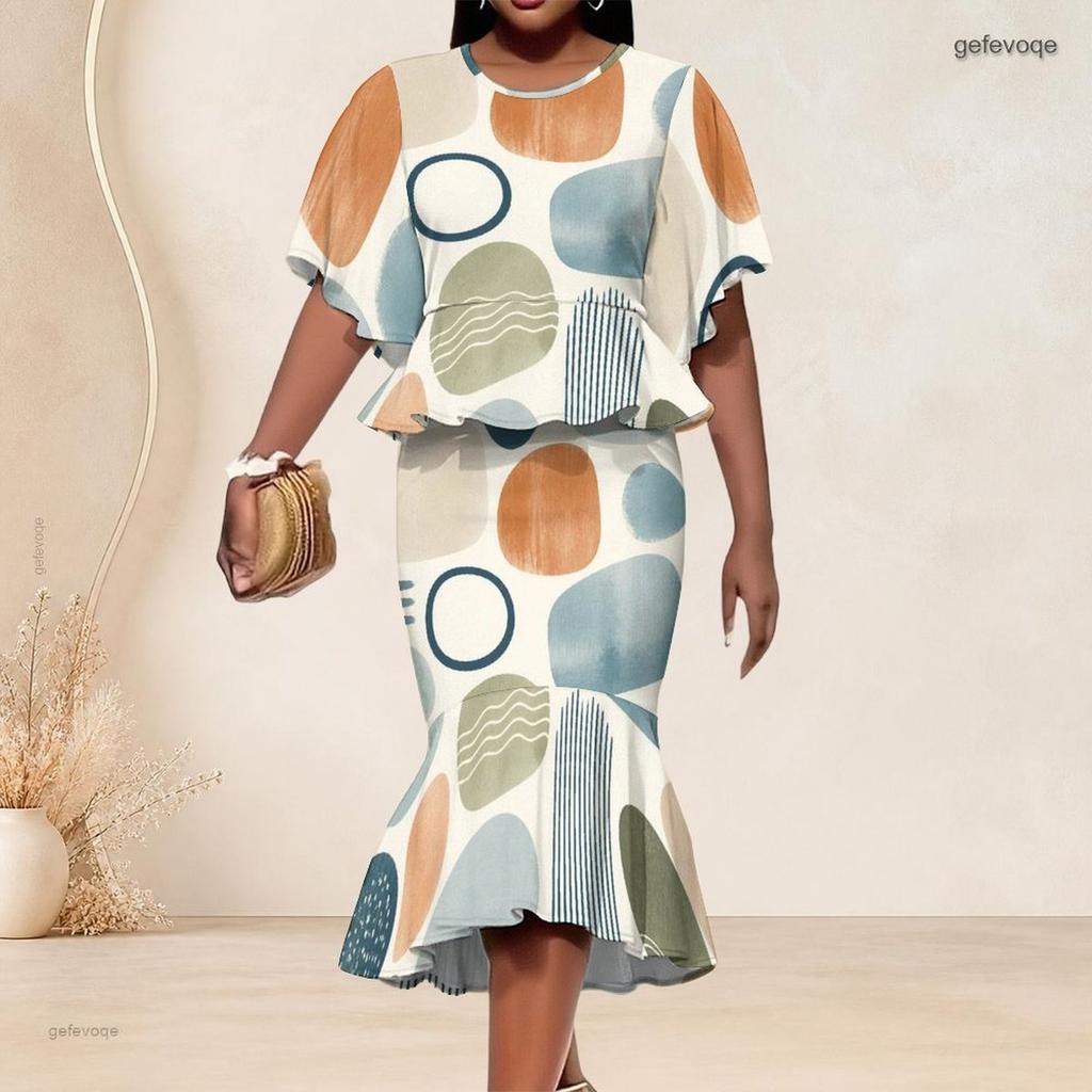 Women Plus Size Printed Round Neck Batwing Short Sleeve Ruffle Hem Top Fishtail Skirt Two Piece Set