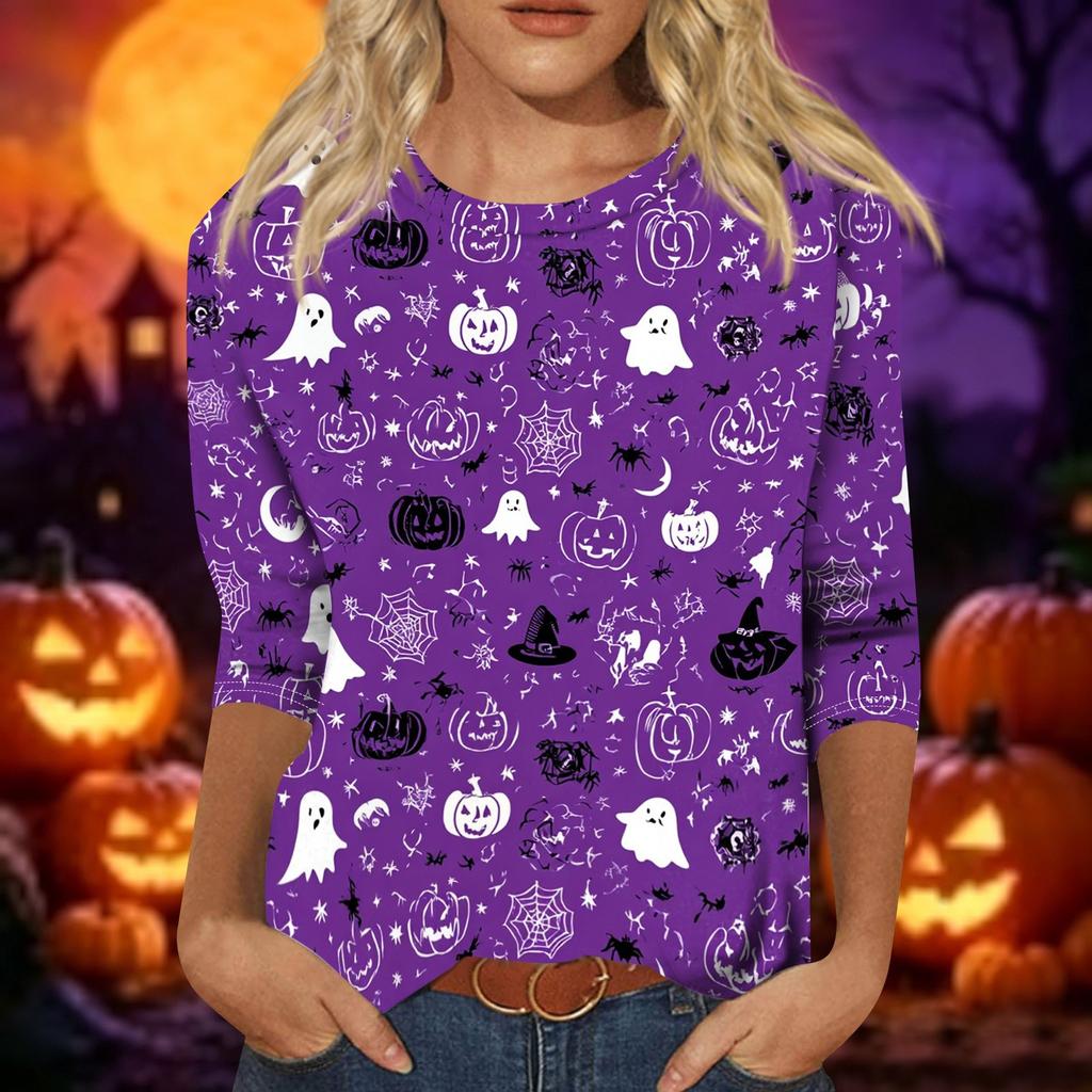 Women Casual 3/4 Sleeve Halloween Print Pullover Top Round Neck Lightweight Soft Fabric Comfortable Fit