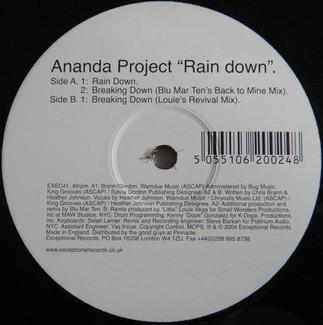 

12inch Record ANANDA PROJECT - Rain Down / Breaking Down EXEC41 Exceptional 2004 UK Dance & Electronica Used