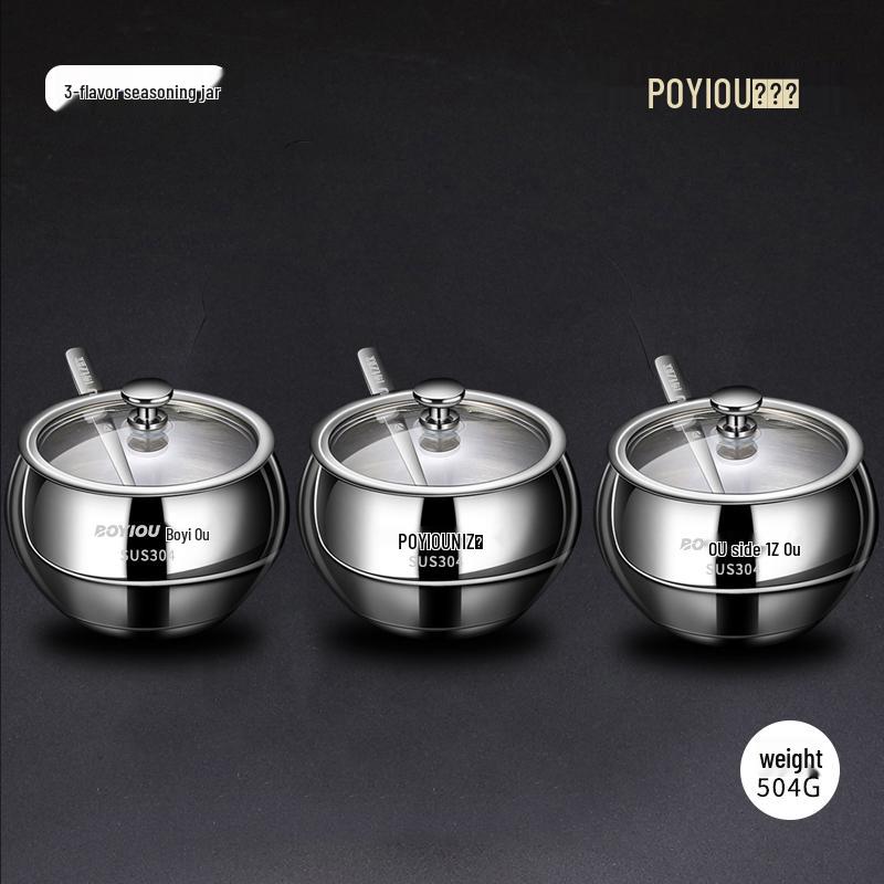 304 Stainless Steel Seasoning Jar Set with Lids & Spoons for Salt and Pepper