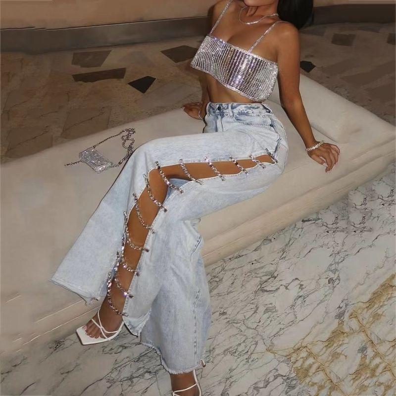 

Fashion Sexy Cutout Denim Distressed Chain Loose Ripped Trousers Sexy Hollow out Jeans Light Blue L