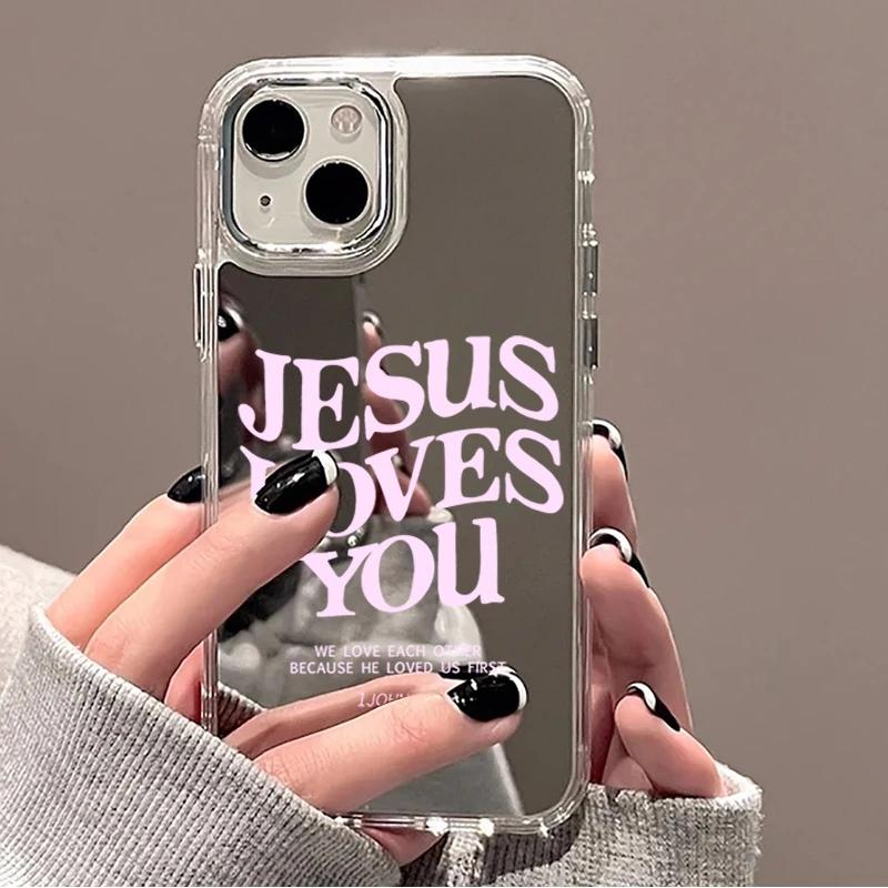 Pink Letters Jesus Loves You Makeup Mirror Phone Case For iPhone 17 AIR 16 15 14 13 12 11 PRO MAX PLUS Y2K Protective Cover
