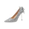 Silver High Heels Women's Spring and Autumn 2025 New Sequins High-end Rhinestone Bow Pointed Wedding Shoes Single Shoes Women