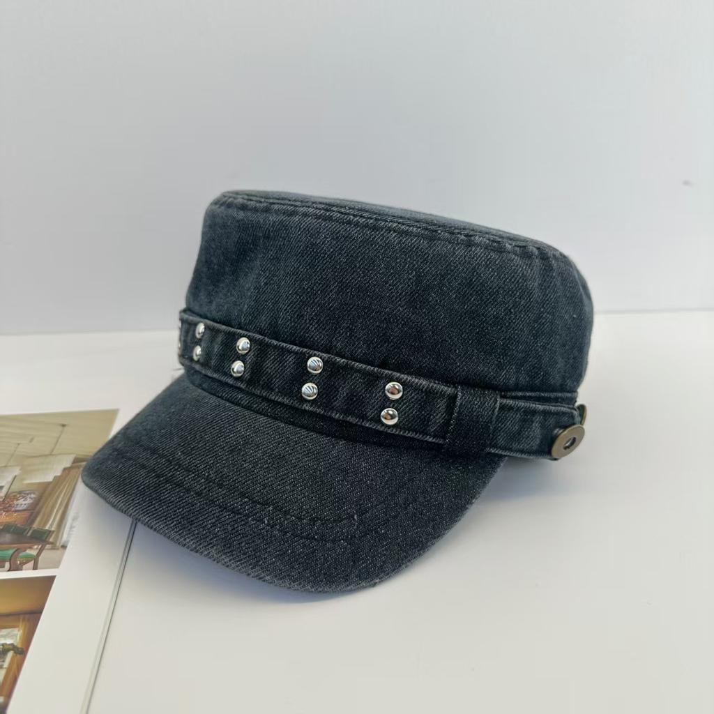 Retro And Old Denim Flat Top Beret Female Navy Hat Spring And Autumn Four Seasons Big Head Circumference Showing Face Small Equestrian Hat Female