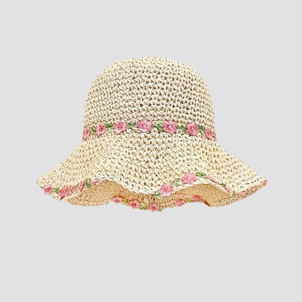 Korean Fashion Straw Hat Womens Summer Sun Hats Sweet Floral Wide Brim Sunscreen Bucket Caps Female UV Protection Beach Cap