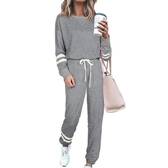 2 Pcs/Set Women Top Pants Suit Round Neck Long Sleeves Striped Solid Color Sweatshirt Drawstring Elastic